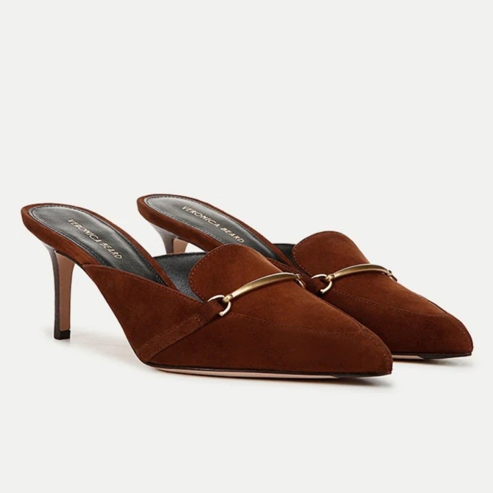 ❤️ Veronica Beard Brown Suede Mules with gold accent